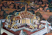 Detail of 'Ramakien' mural painting  - temple of the Emerald Buddha, Bangkok . Architectural elements in the panels are adapted from the real palaces and temples of the capital. 